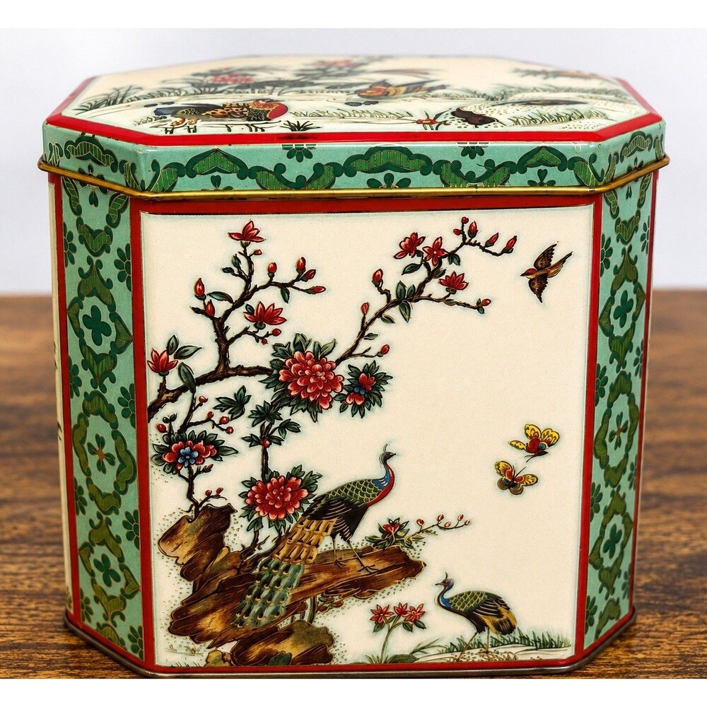 Vintage Daher England Chinoiserie Peacock Floral Octagon Tin Canister Container